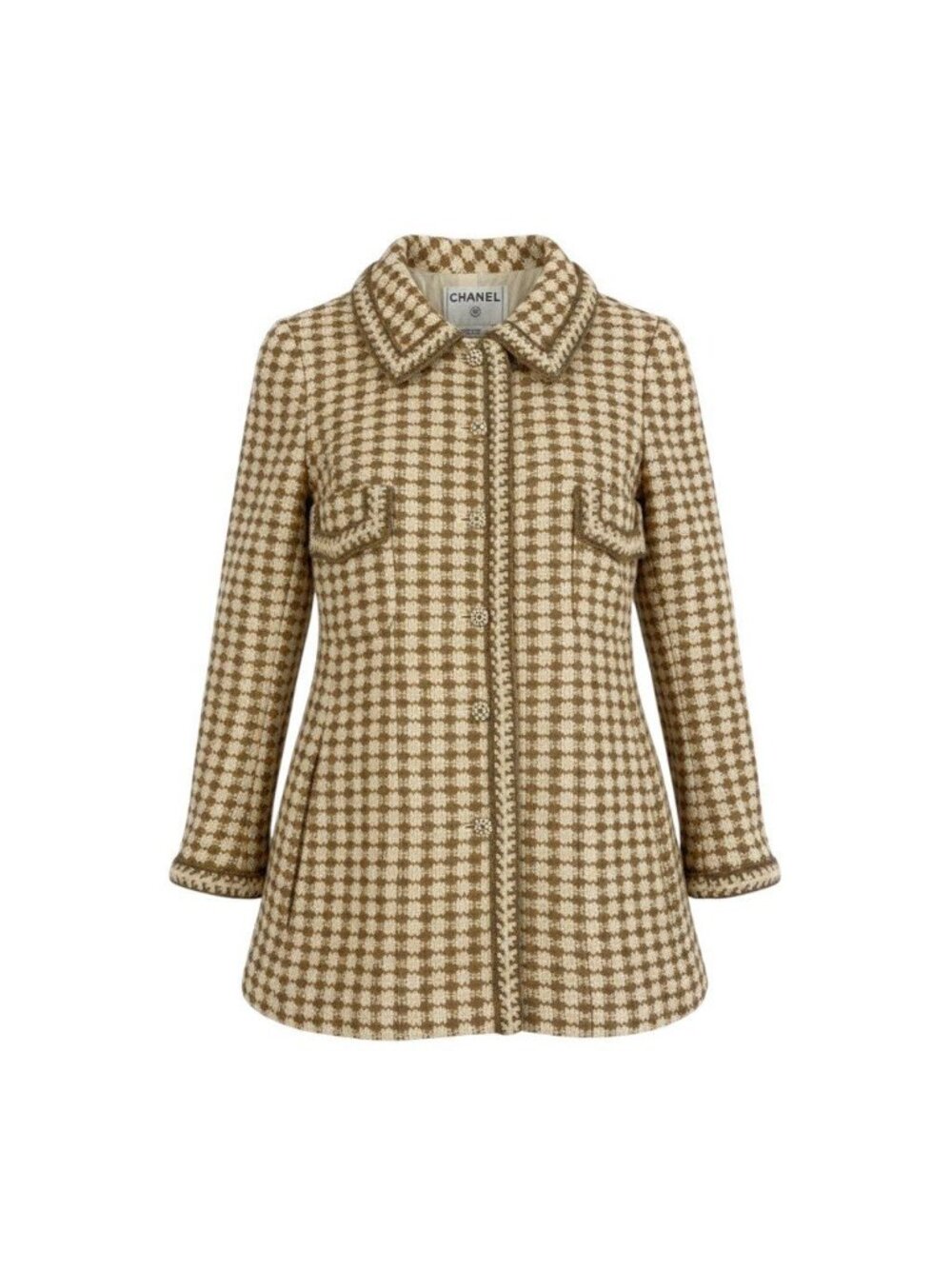 Chanel 00A Houndstooth Dot Pattern Button Tweed Coat Vintage Polka Dot Beige